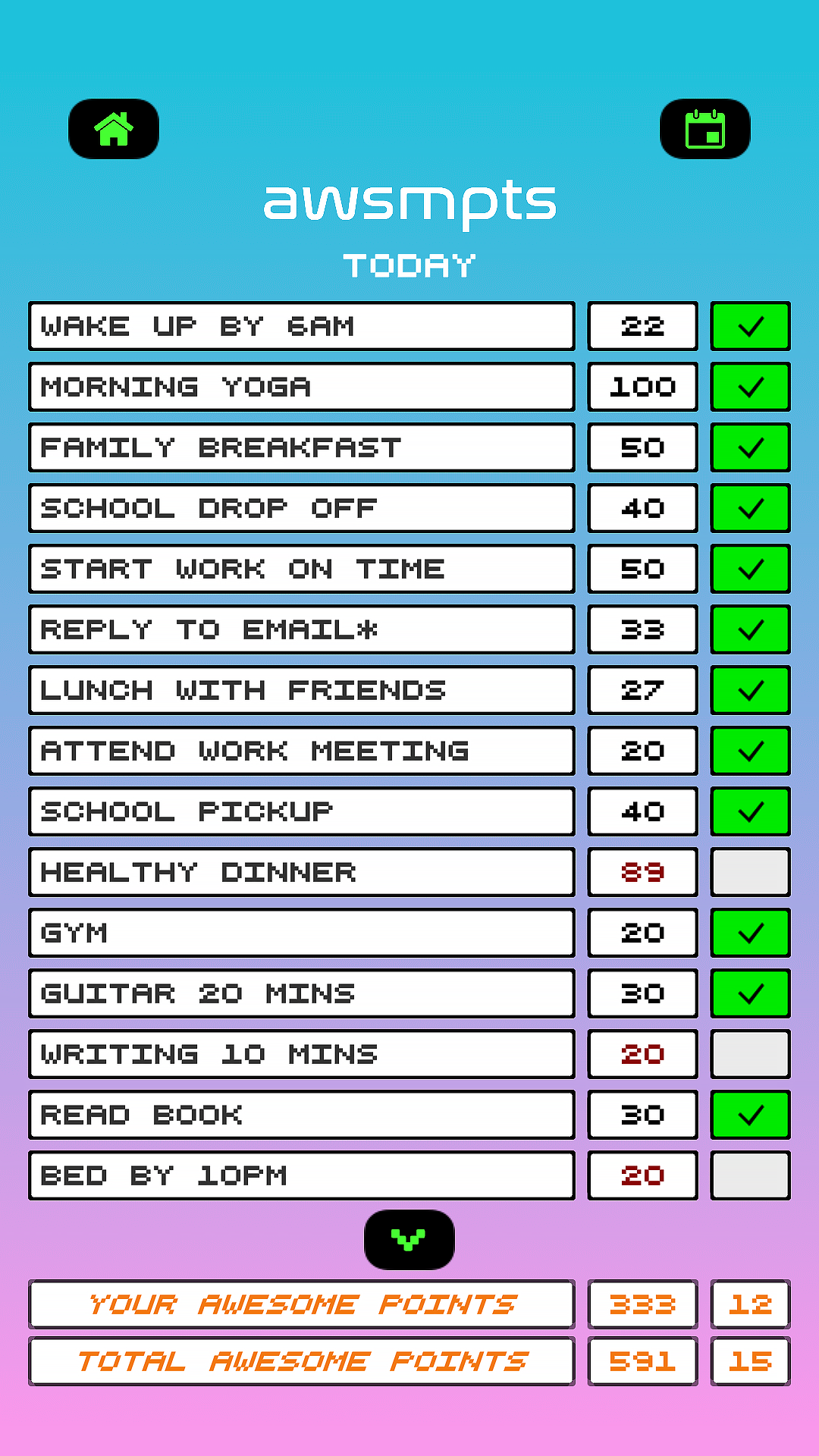 Screenshot of the Awesome Points app's score for today